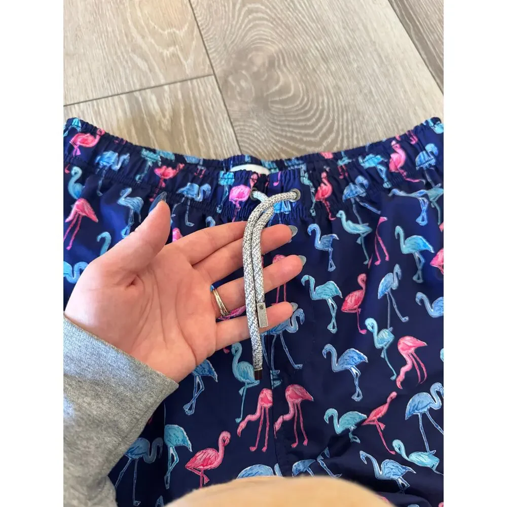Vintage Summer Flamingo Blue and Pink Swim Trunks Large